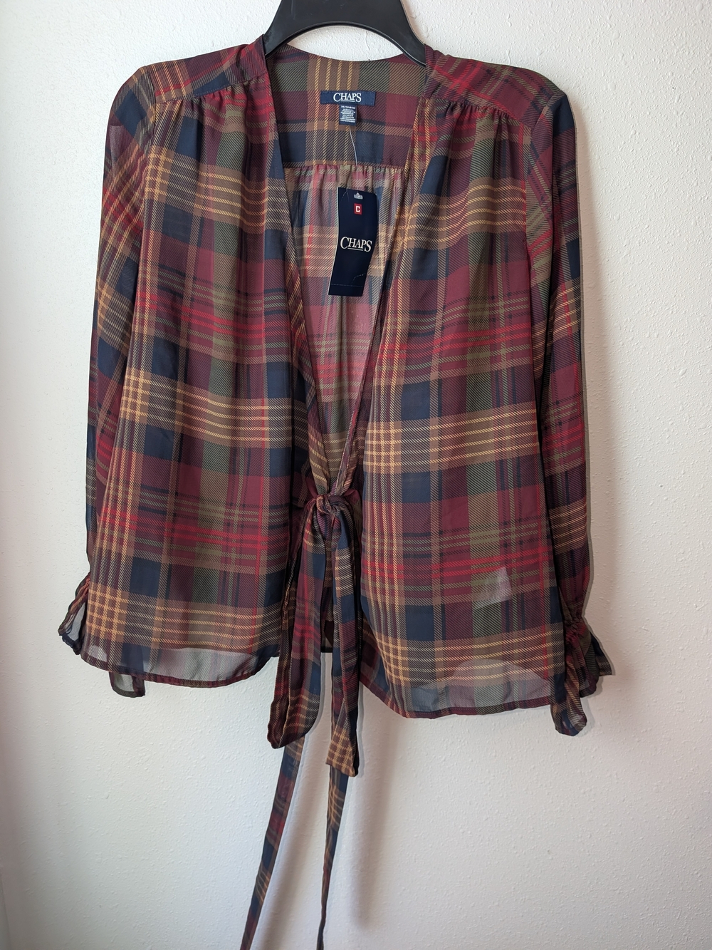 Chaps Plaid Sheer Tie-Front Blouse in Burgundy, Olive & Navy